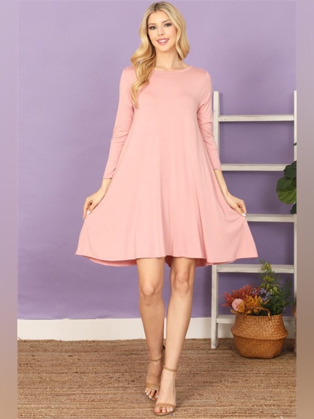 Women's Swing Dress in Dusty Blush Pink - Casual Long Sleeve